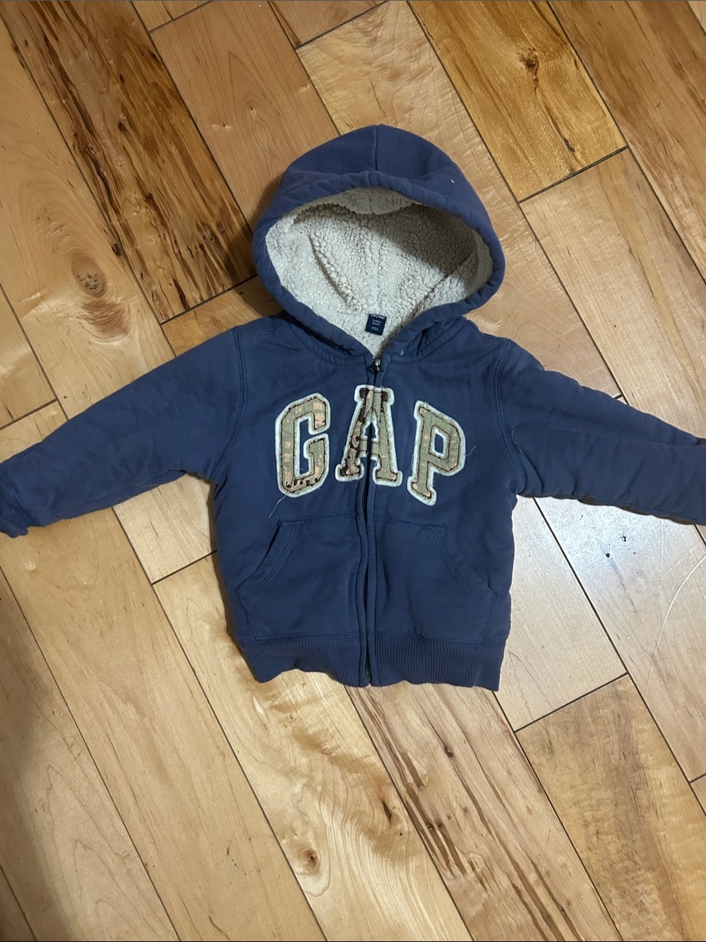 GAP Navy Blue Kids Hooded Sherpa-Lined Zip Jacket with Applique